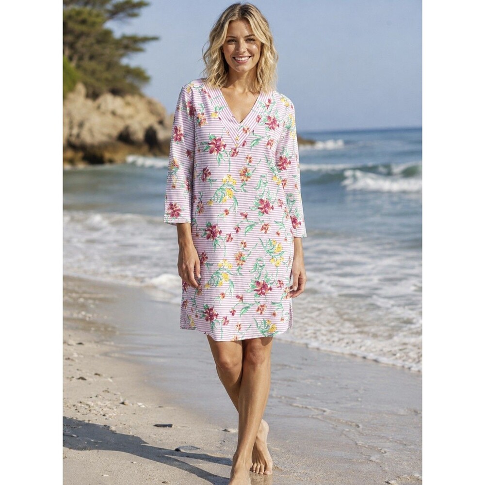NWOT IBKUL Long Sleeve Dress $128 Stretch Athletic Striped Floral V-Neck Size M